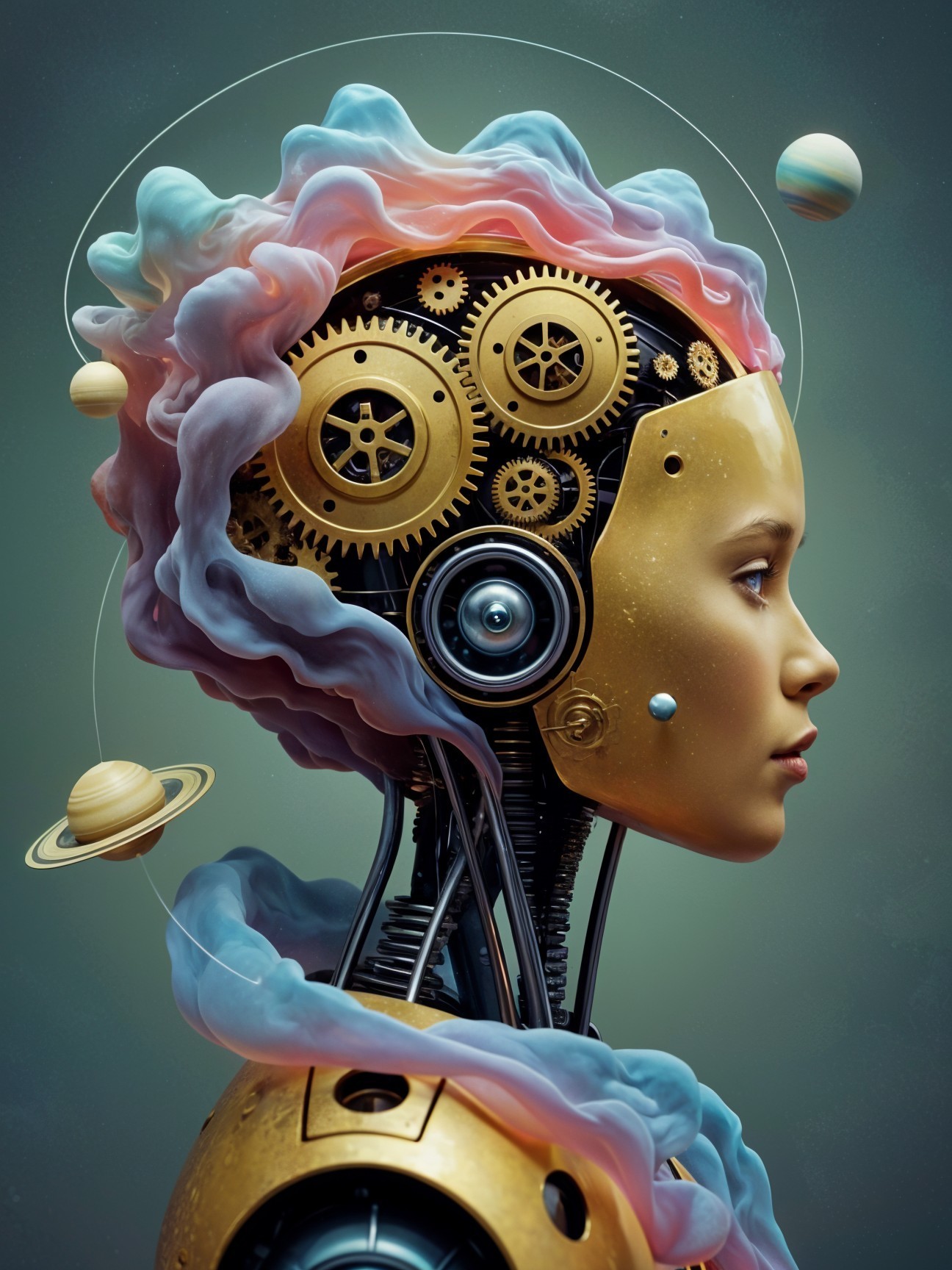 Futuristic Humanoid with Robotic Design and Planets