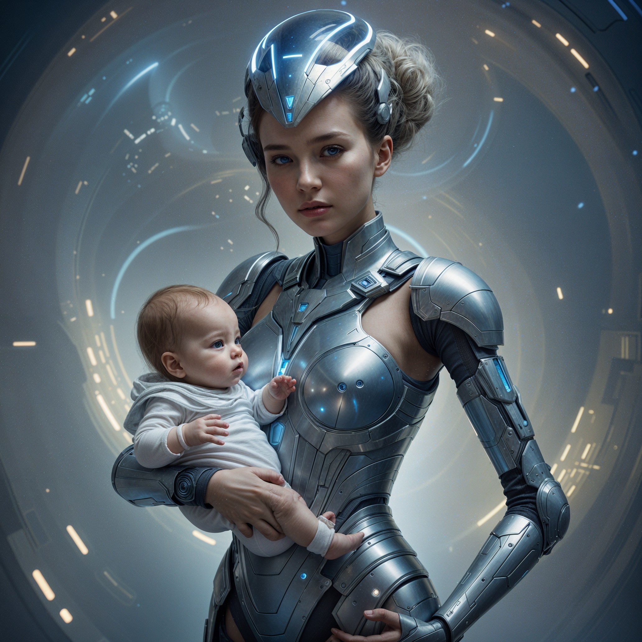 Futuristic Woman in Metallic Armor with Baby