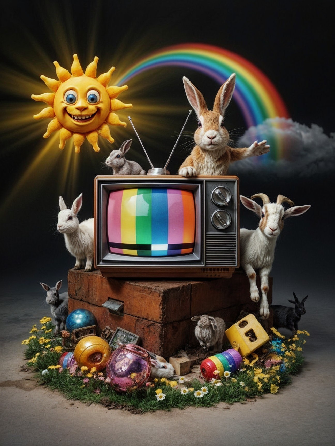 Whimsical Vintage Television Surrounded by Cheerful Animals