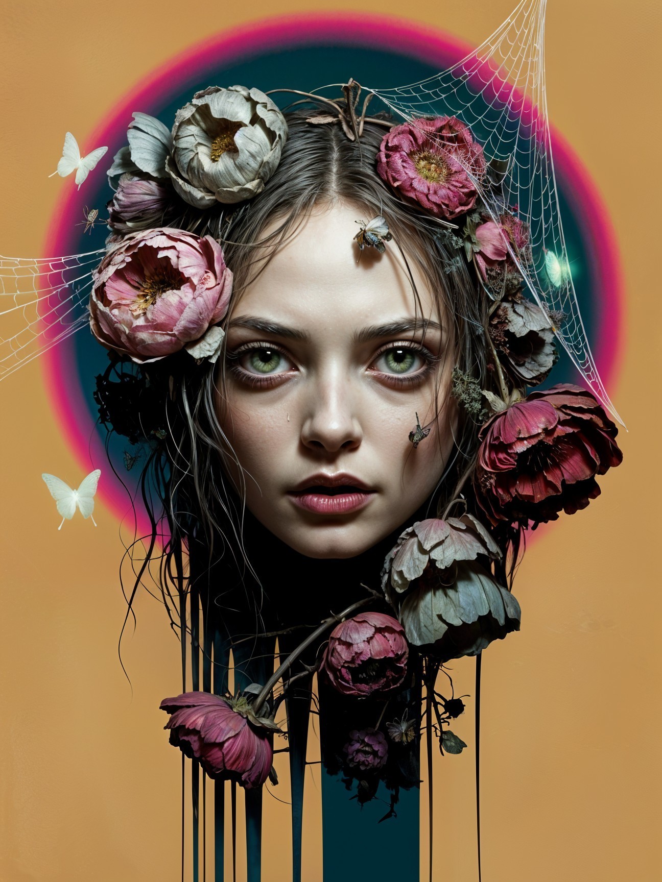 Female face with wilted flowers and insects details