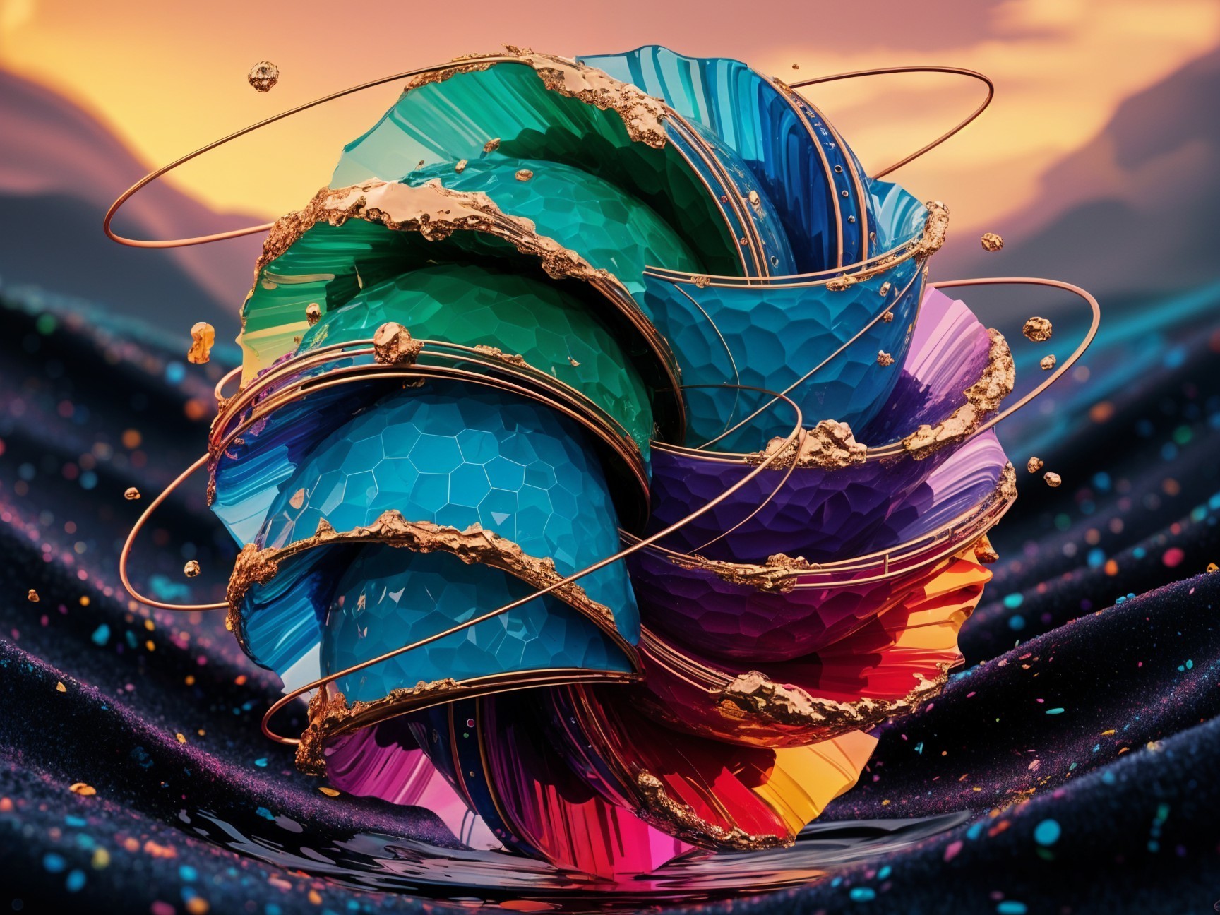 Colorful Sculptural Orb with Gold Accents and Patterns