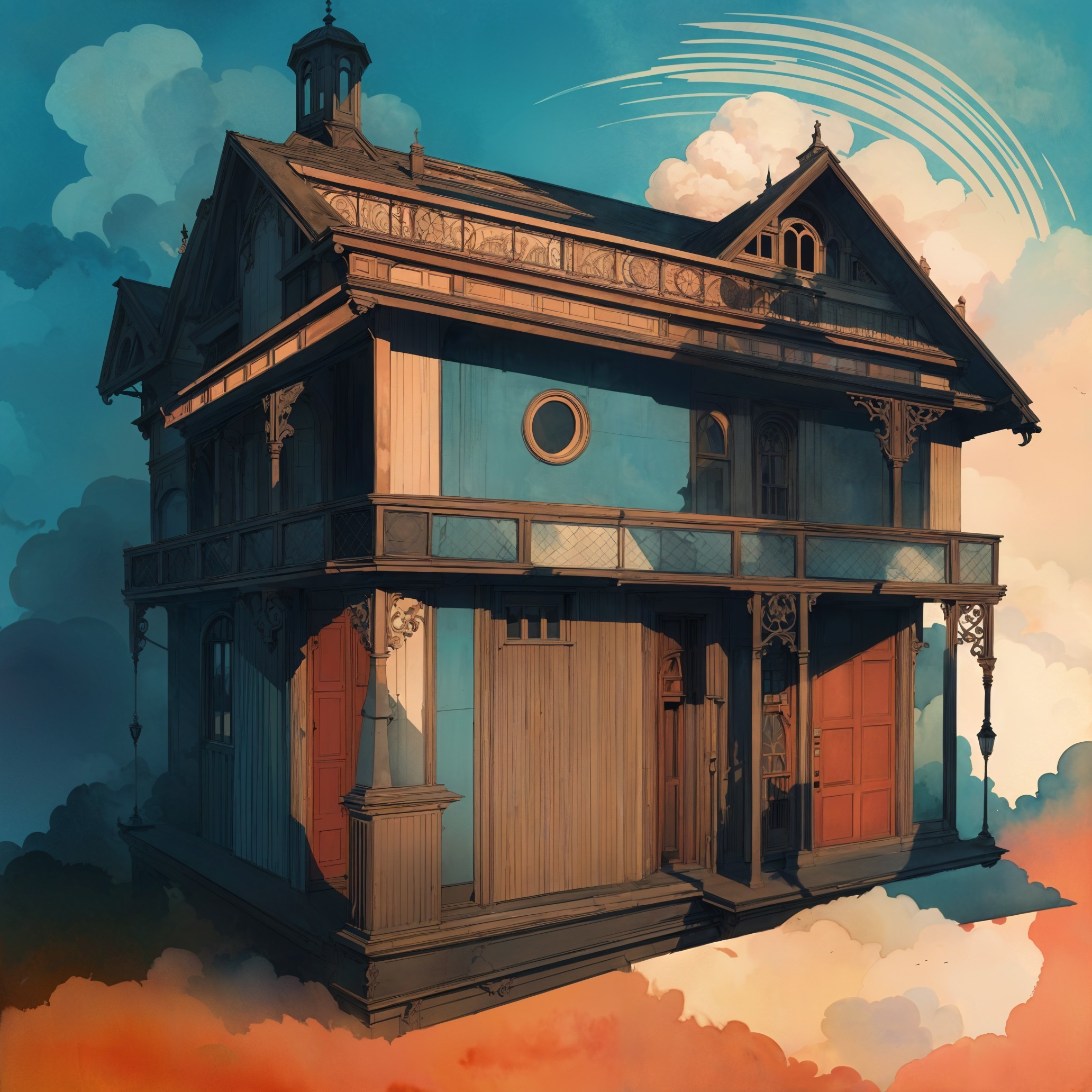 Ornate House with Vibrant Surreal Cloud Background