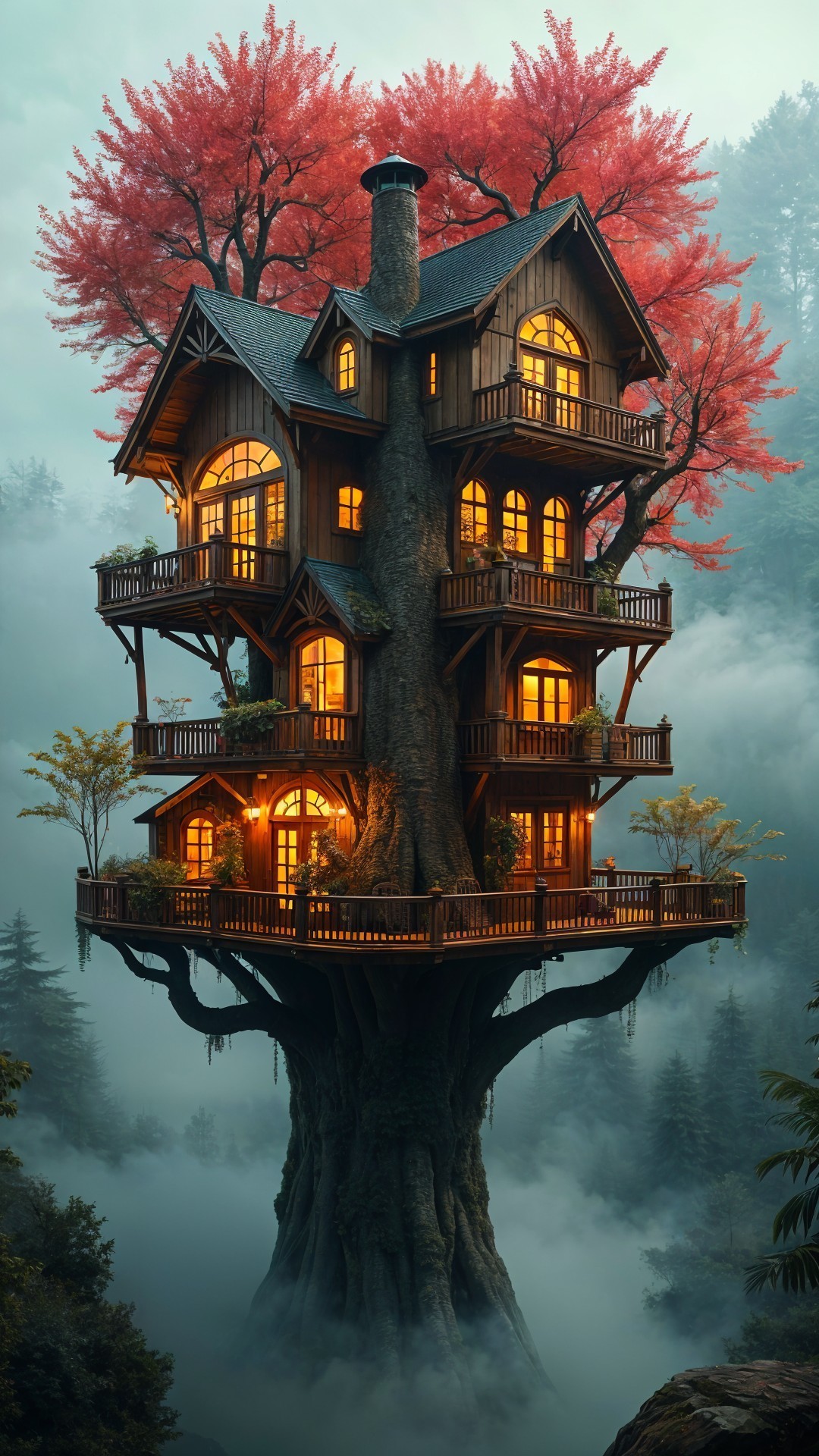 Whimsical Treehouse with Balconies in Misty Forest