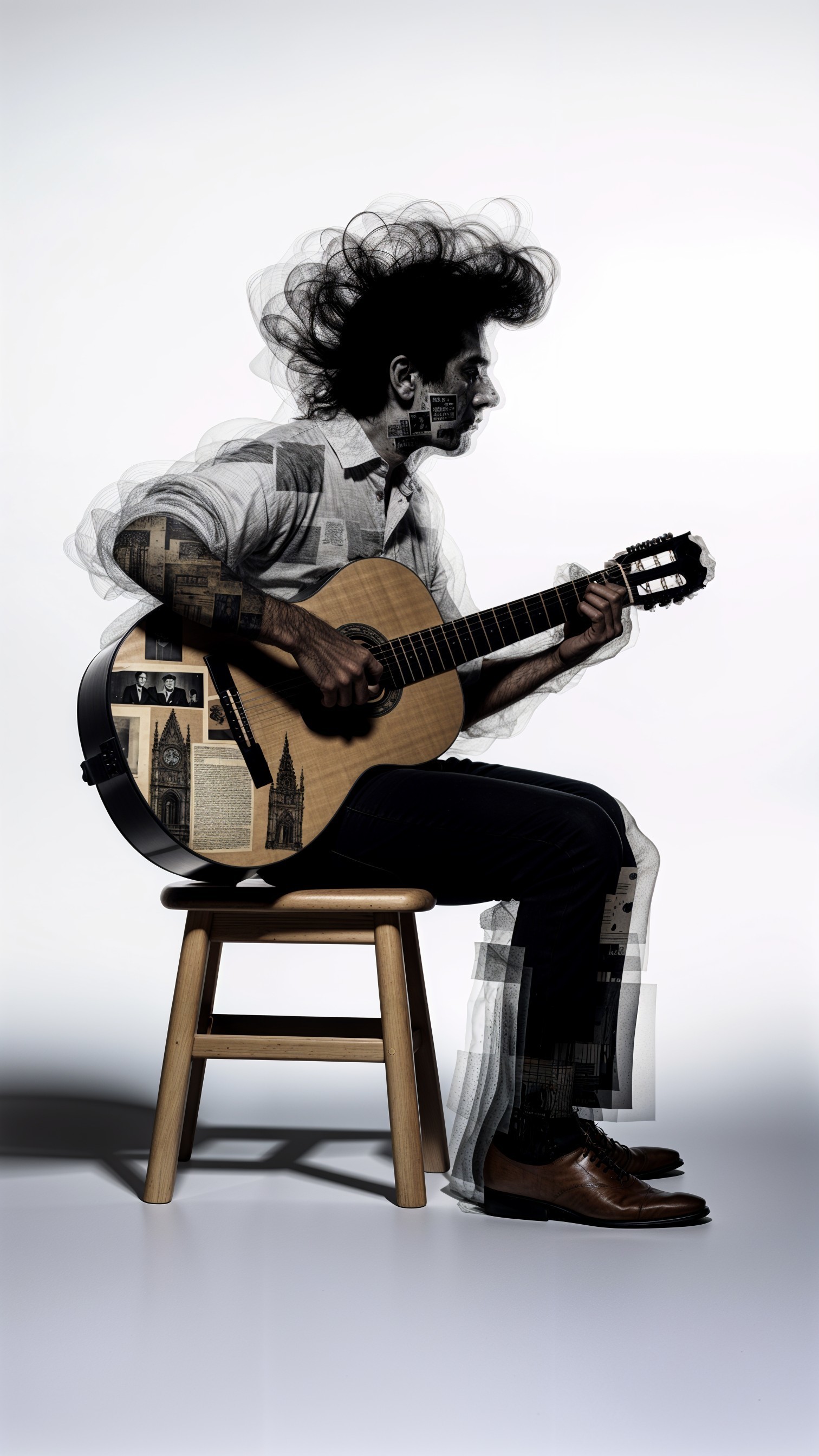 Silhouette of Guitarist with Cityscapes and Clippings