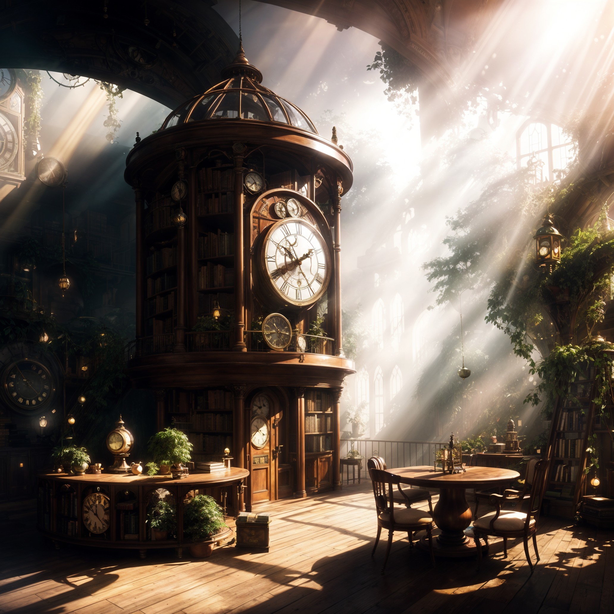 Sunlit library with greenery and ornate timepieces