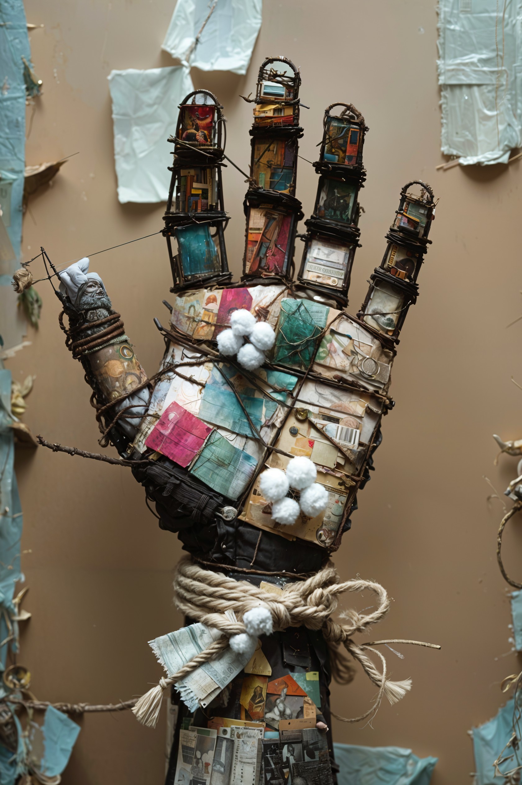 Sculptural Hand with Mixed Materials and Miniature Scenes
