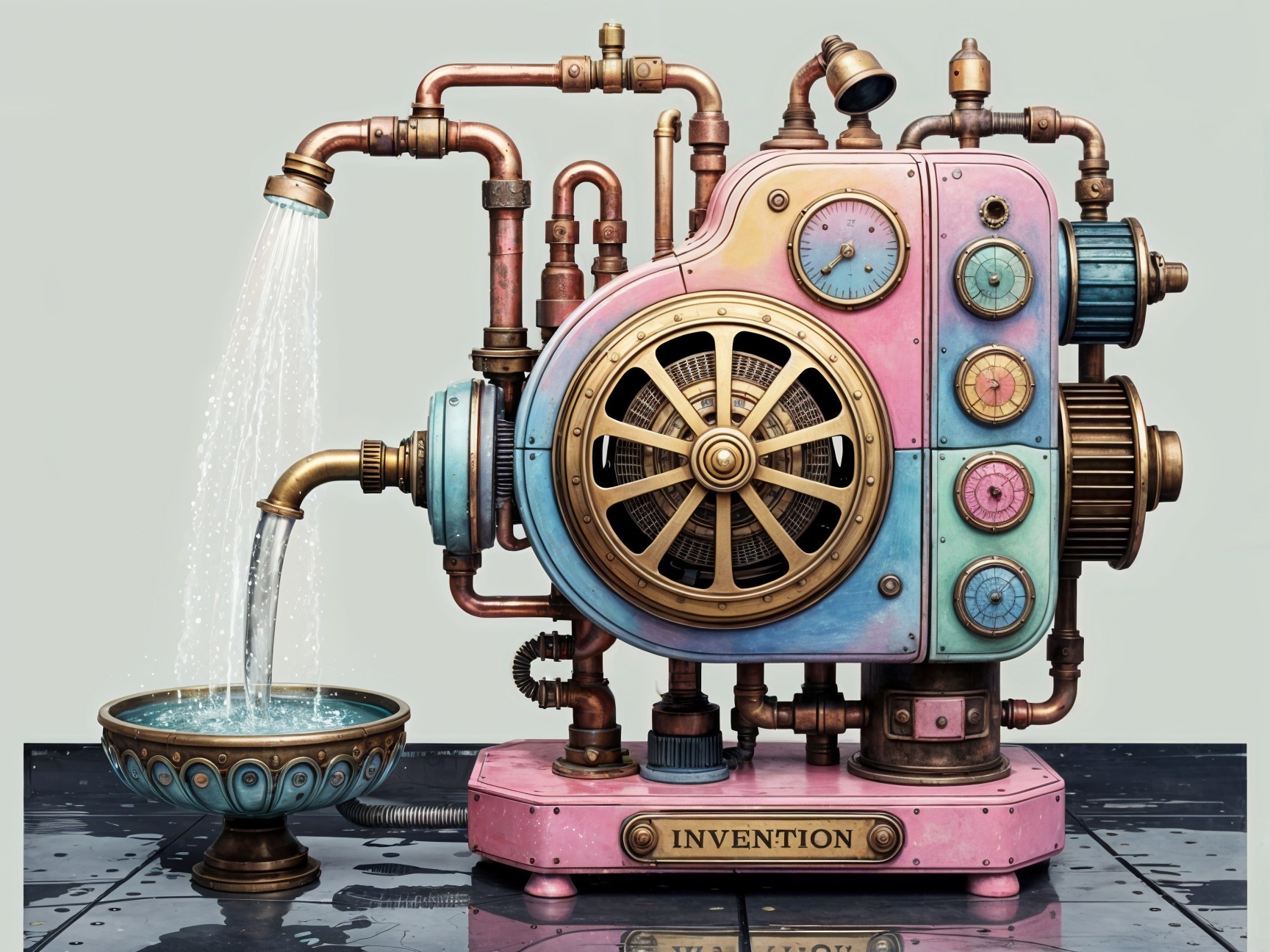 Whimsical Steampunk Invention with Copper Pipes and Gears