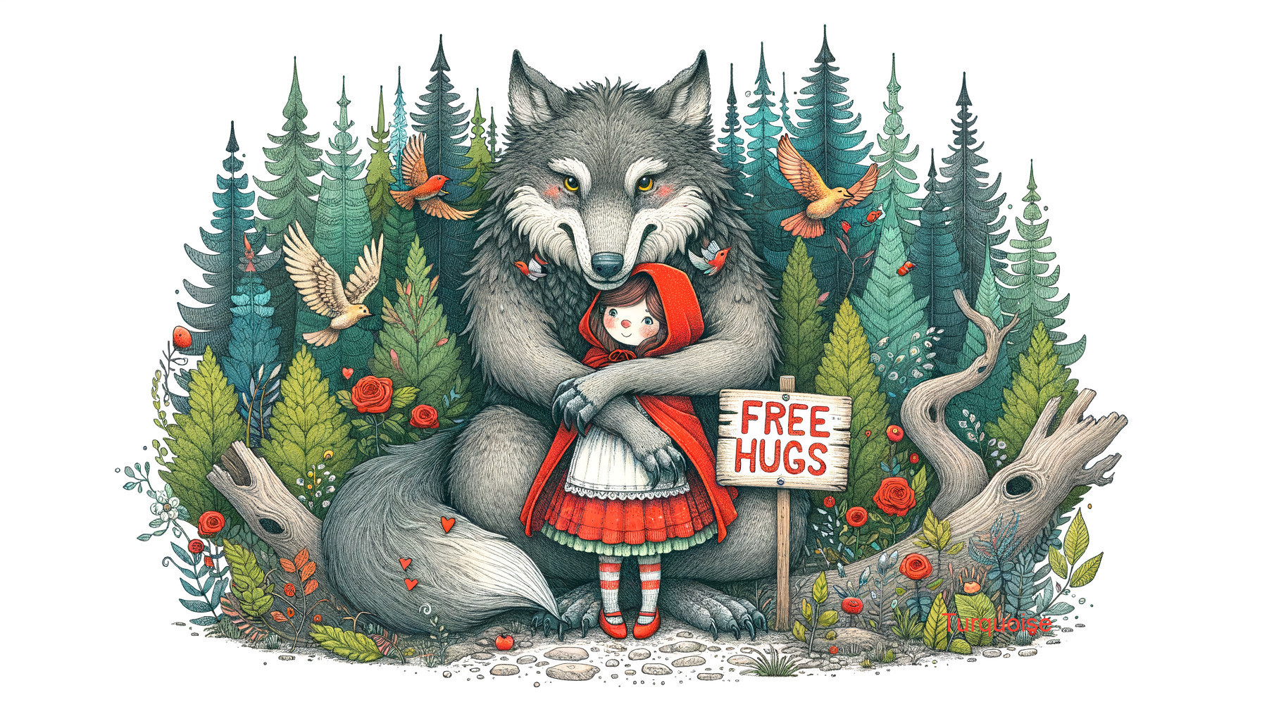 Cheerful girl with wolf in a whimsical forest setting