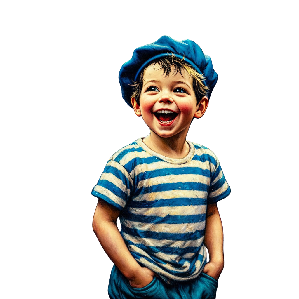 Cheerful young boy in blue cap and striped shirt