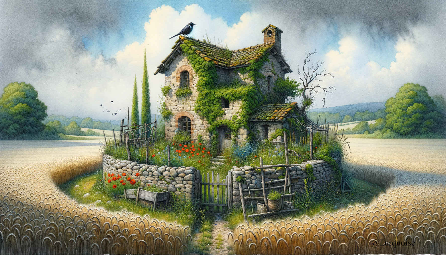 Whimsical Stone Cottage in a Wheat Field Landscape