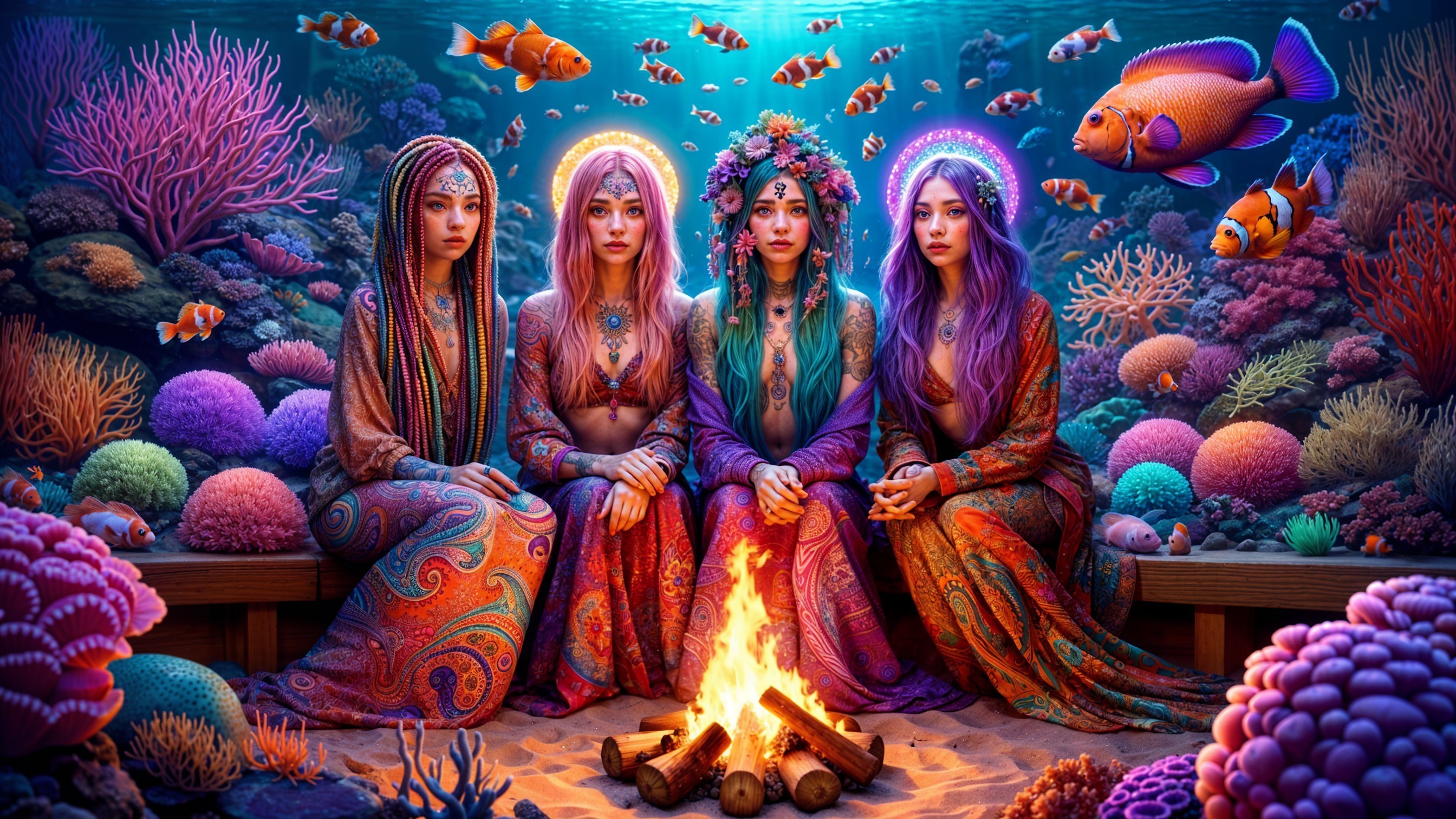 Ethereal Figures Gather Around Underwater Campfire