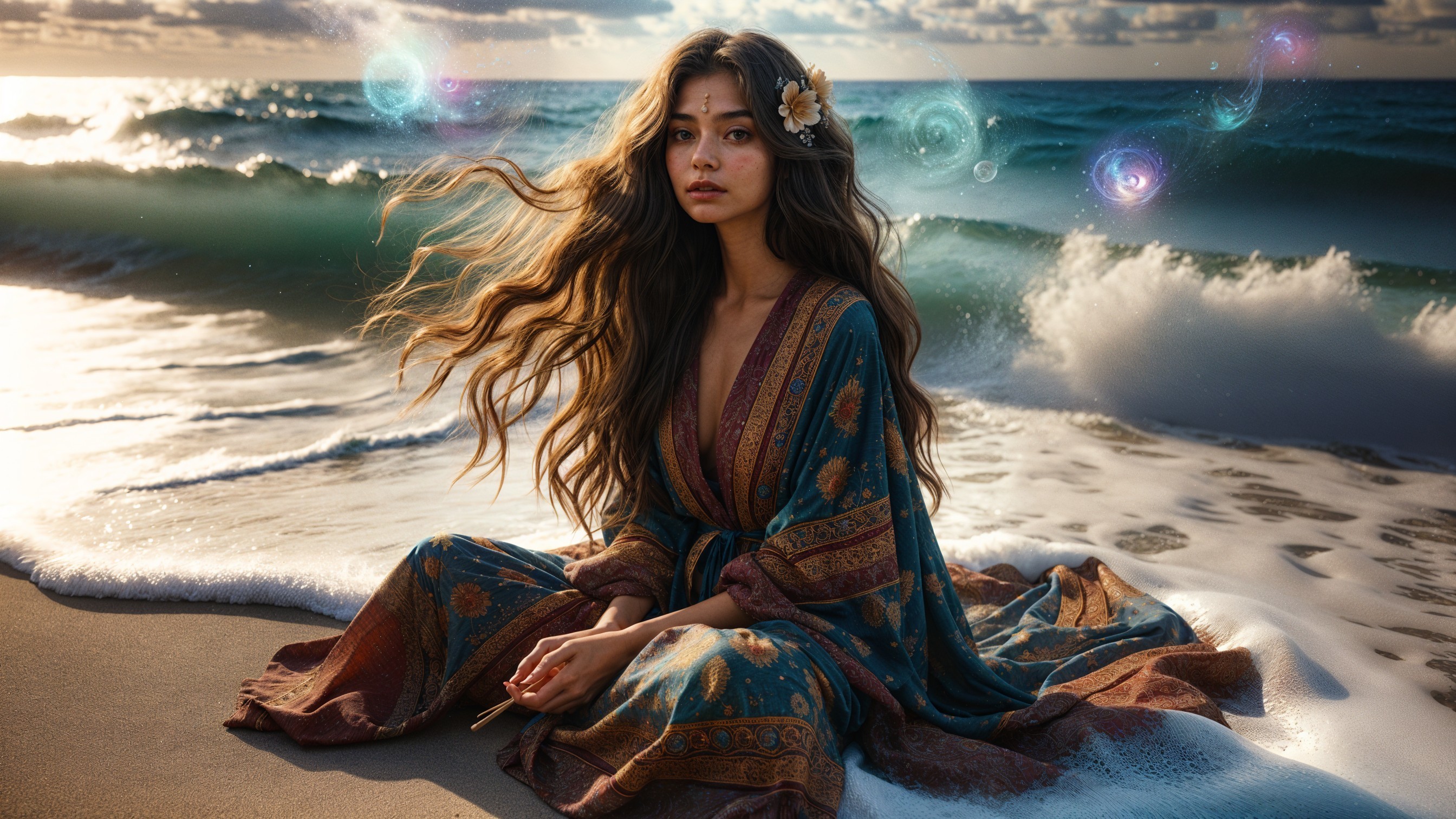 Young Woman in Robe on Serene Beach with Waves