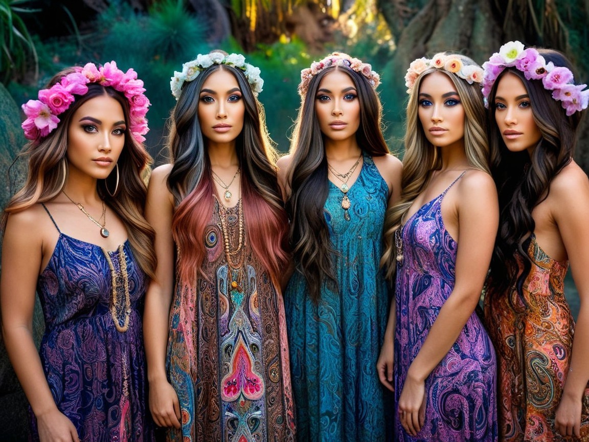 Five Women in Floral Crowns and Vibrant Maxi Dresses