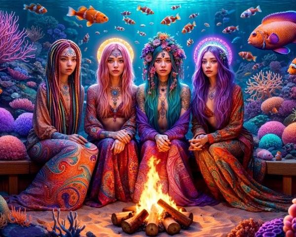 Ethereal Figures Gather Around Underwater Campfire