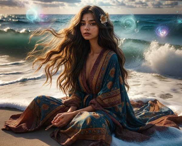 Young Woman in Robe on Serene Beach with Waves