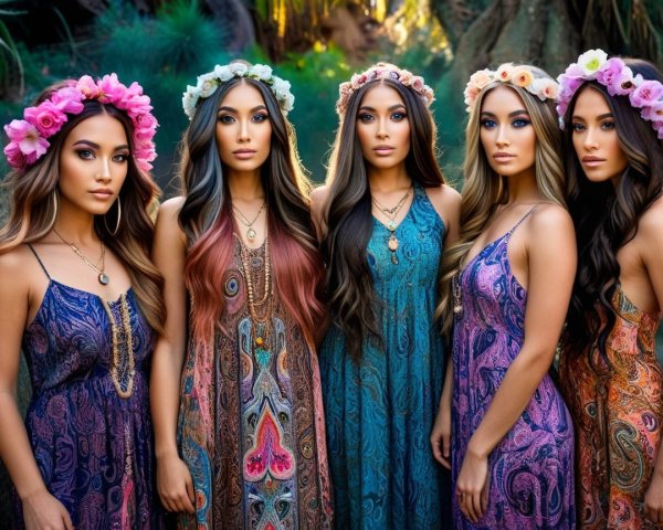 Five Women in Floral Crowns and Vibrant Maxi Dresses