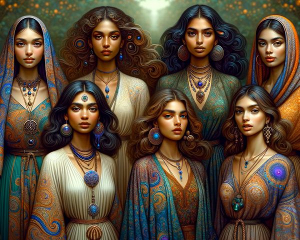 Portrait of Eight Women in Vibrant Garments and Accessories