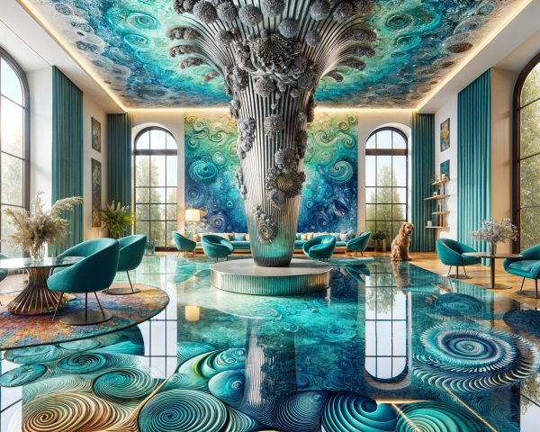 Interior with High Ceilings and Vibrant Blue Palette