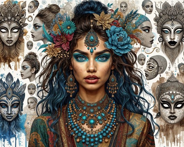 Woman with Jewelry and Floral Headpiece Surrounded by Masks
