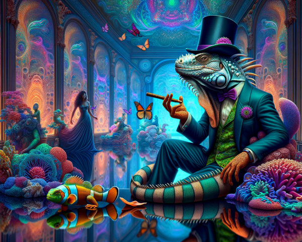 Surreal Underwater Scene with Dapper Iguana in Top Hat