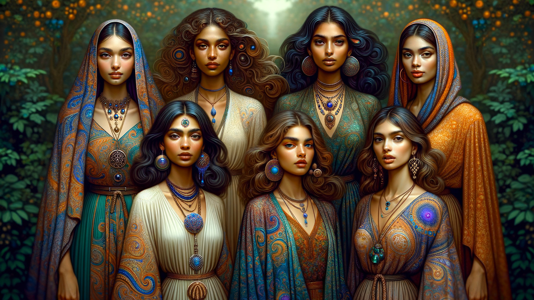 Portrait of Eight Women in Vibrant Garments and Accessories