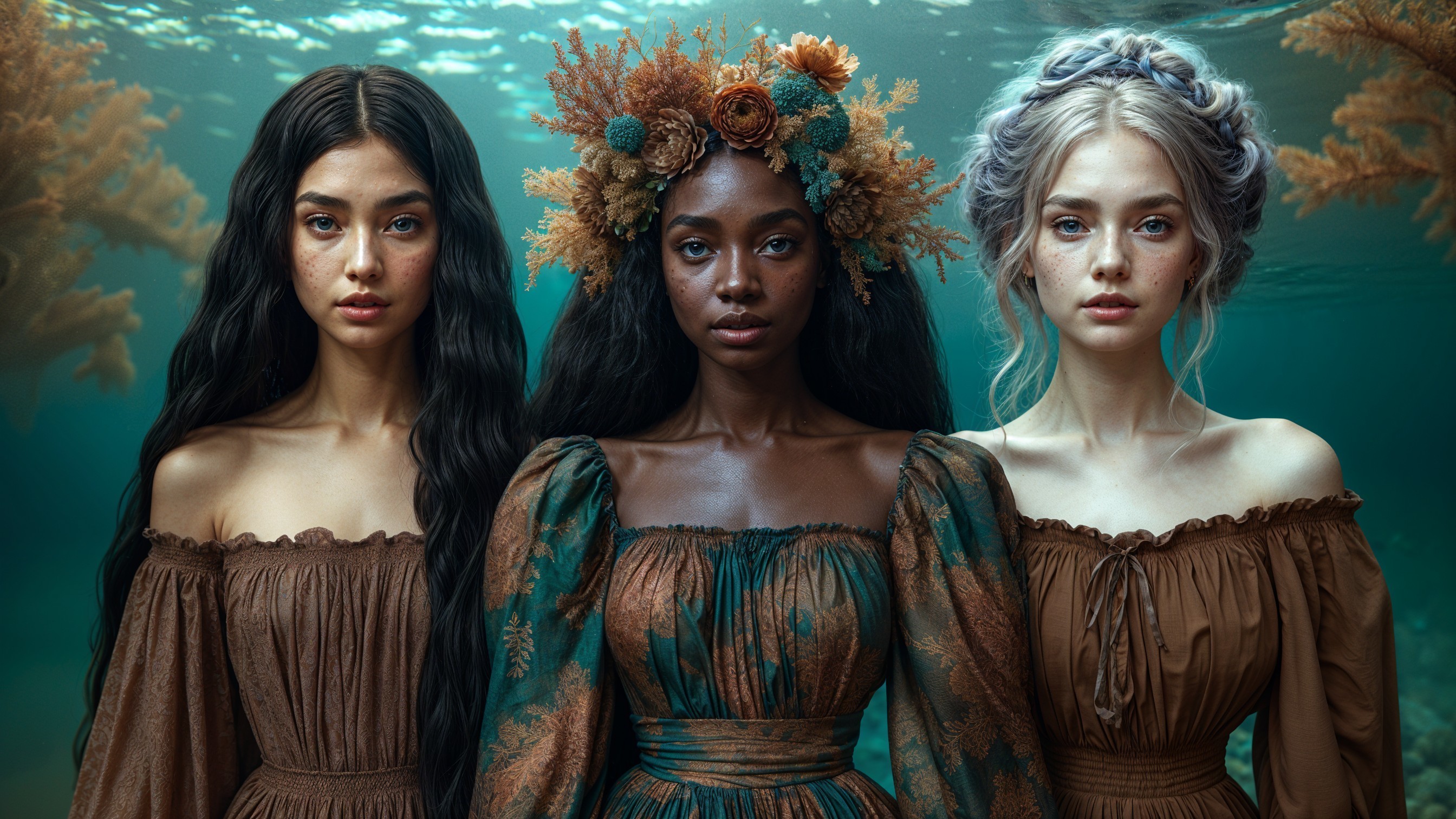 Underwater Scene with Women in Earthy Dresses