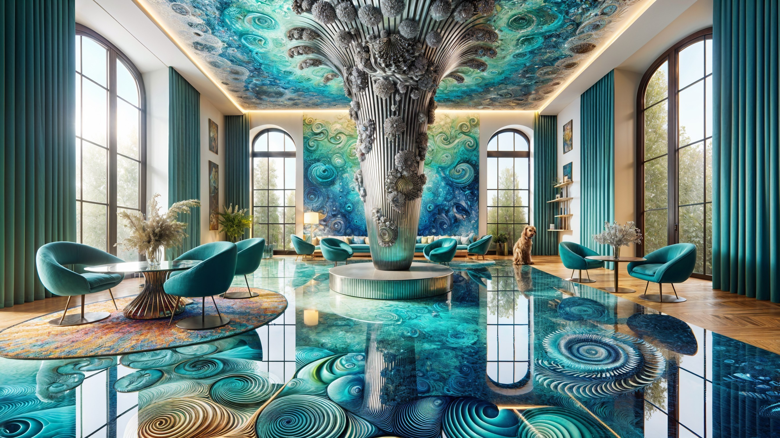 Interior with High Ceilings and Vibrant Blue Palette
