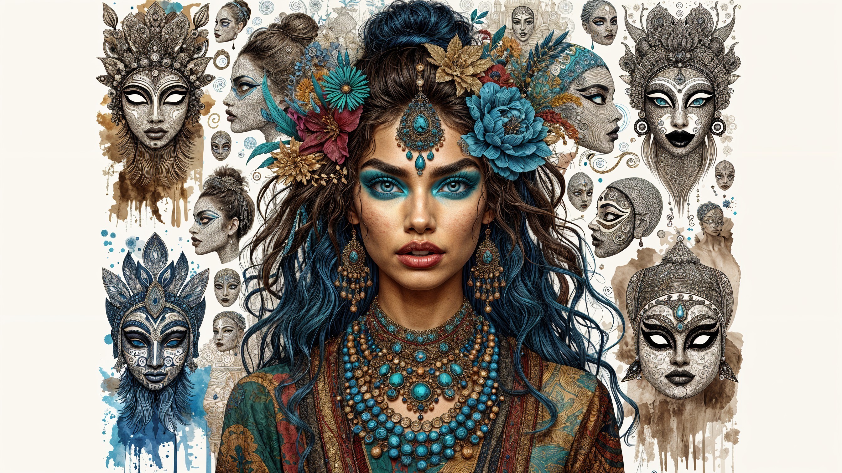 Woman with Jewelry and Floral Headpiece Surrounded by Masks