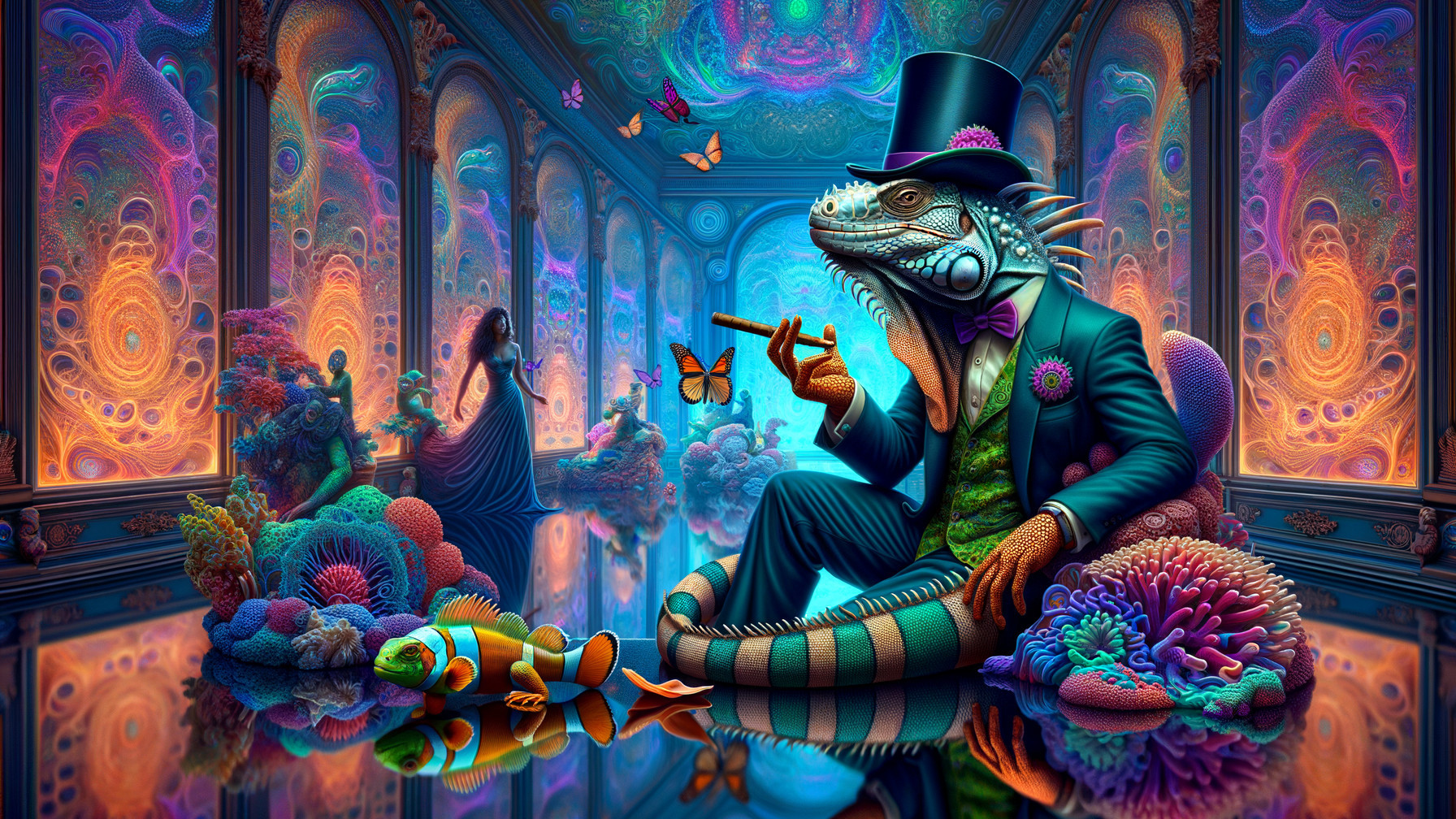 Surreal Underwater Scene with Dapper Iguana in Top Hat
