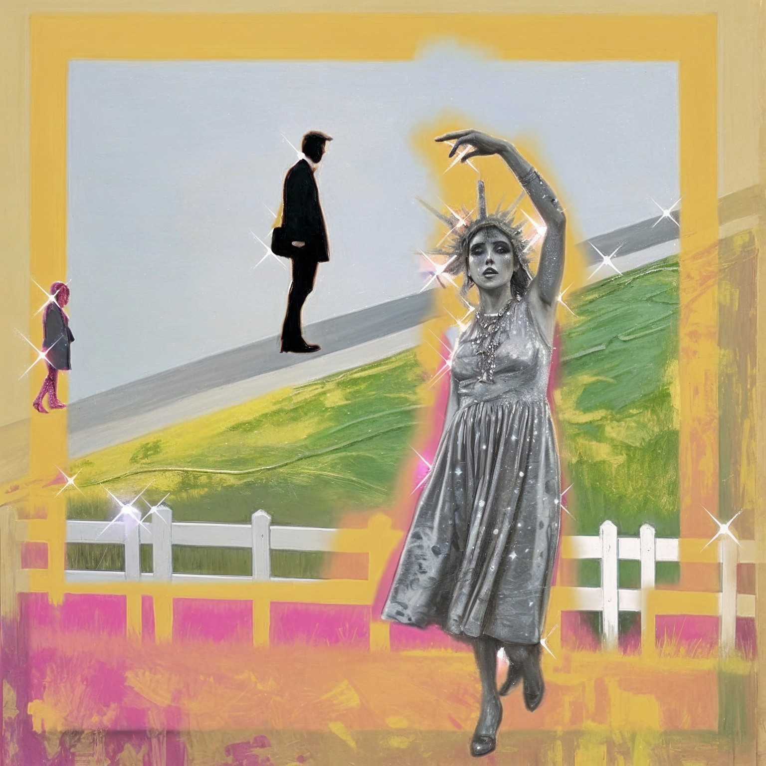 Surreal Landscape with Dancing Woman and Silhouettes