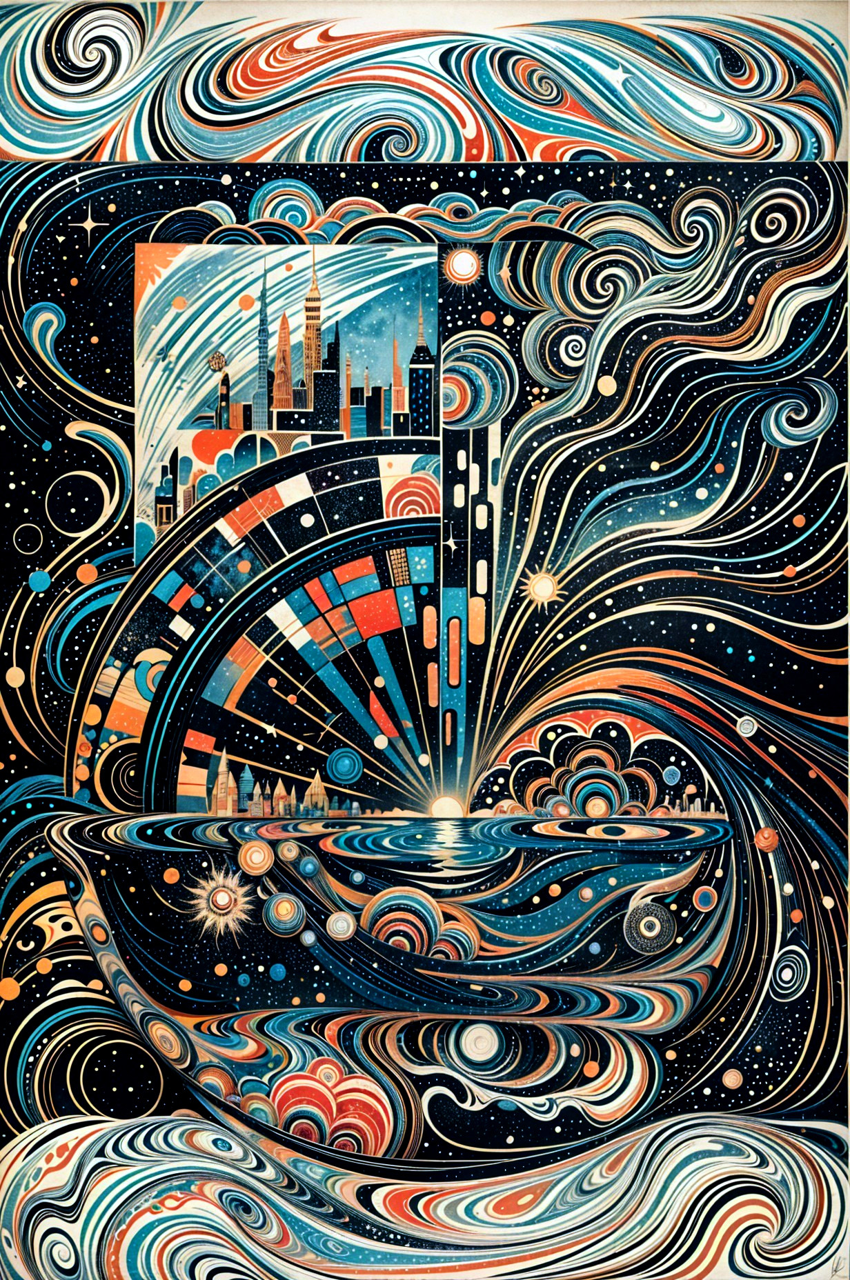 Vibrant Cosmic Scene with City Skyline and Stars
