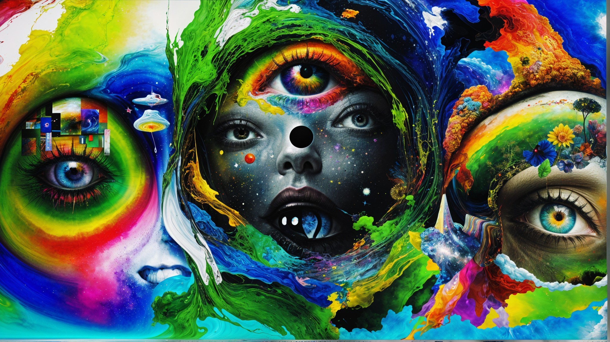 Vibrant Abstract Artwork with Surreal Faces and Cosmos