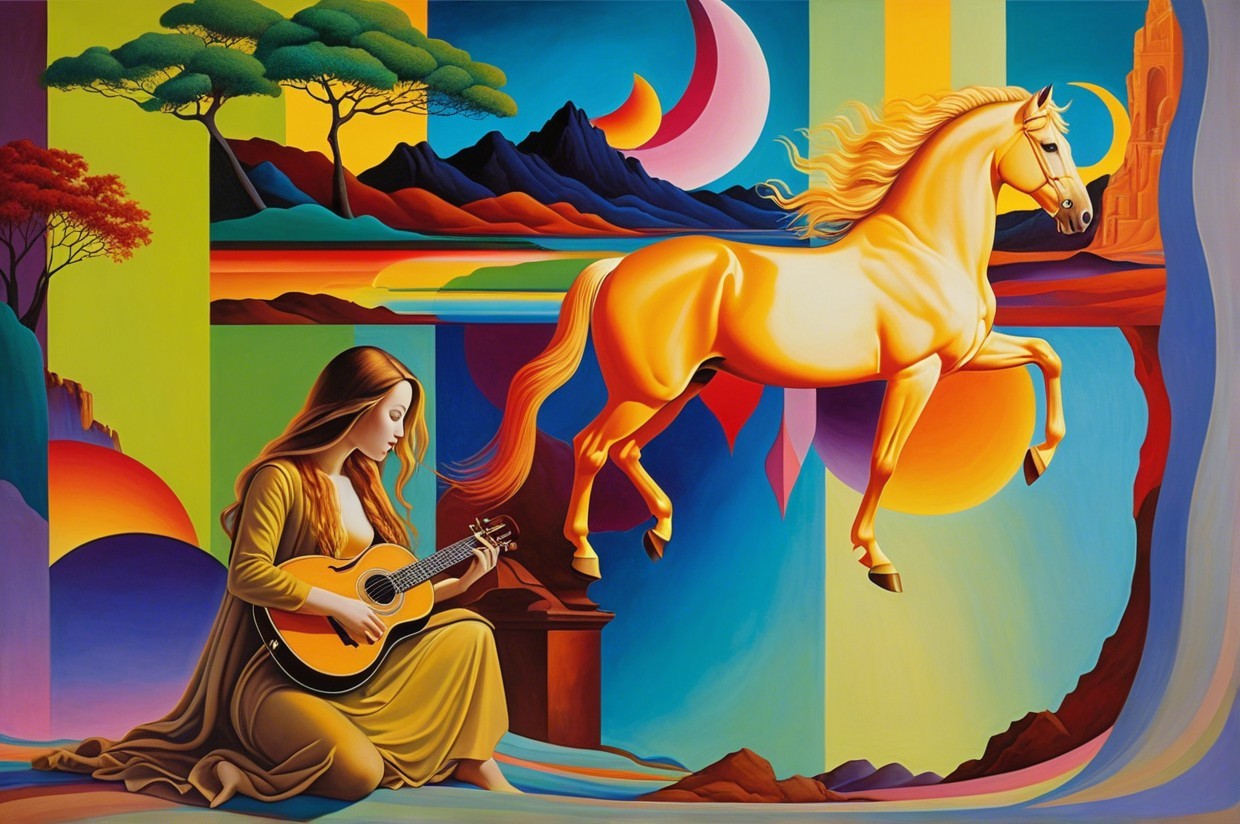 Surreal Landscape with Golden Horse and Musician