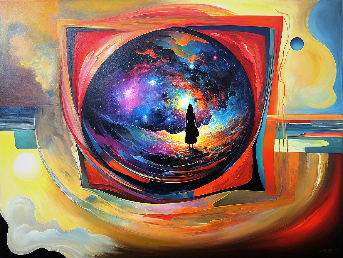 Ethereal Circular Portal with Cosmic Colors and Figure