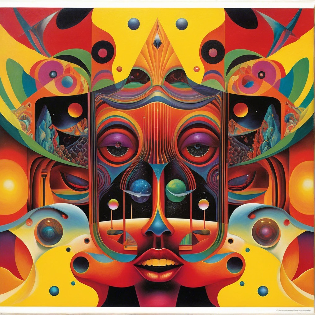 Surreal Artwork with Central Face and Vivid Colors