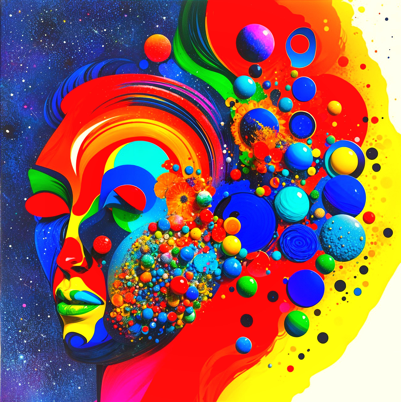 Abstract Face with Cosmic Elements and Bold Colors