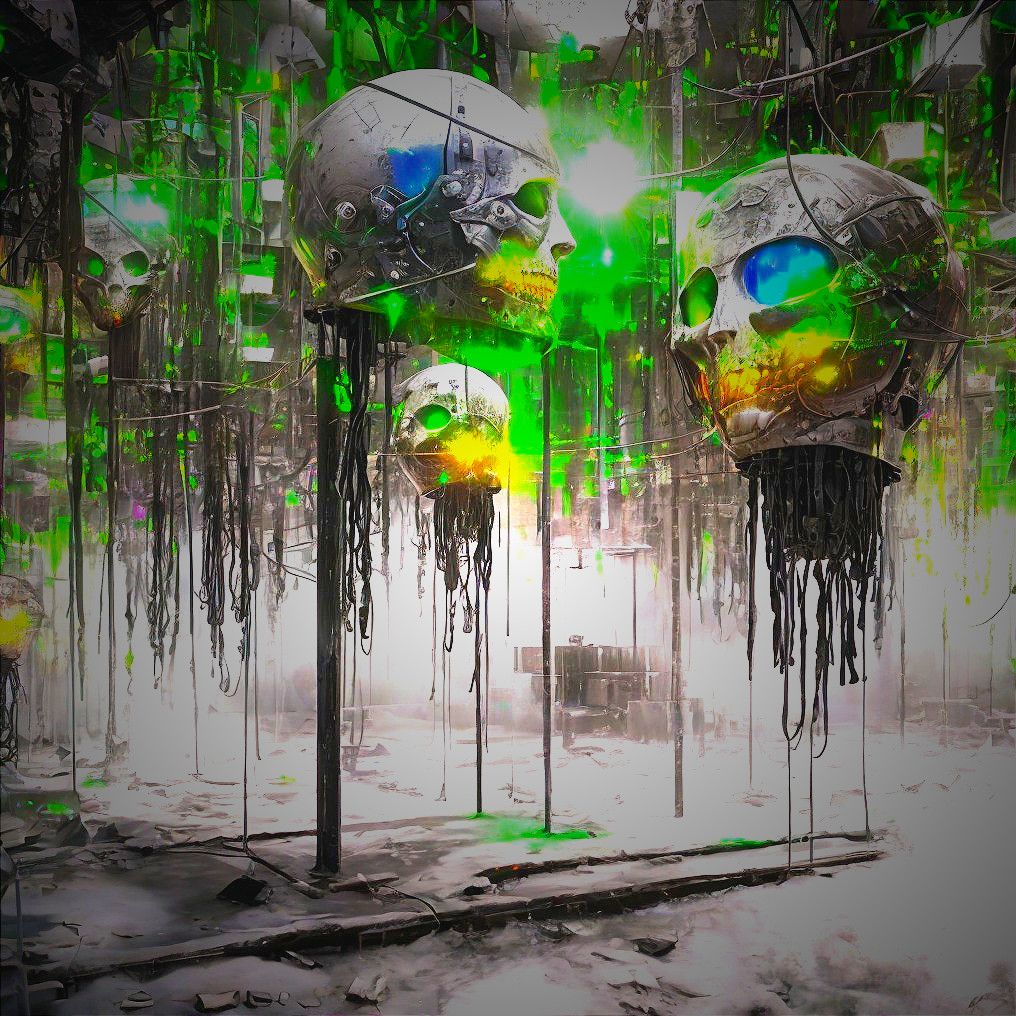 Futuristic Scene with Metallic Skulls and Neon Colors