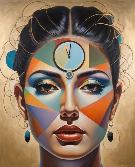 Female Face with Geometric Patterns and Clock Design
