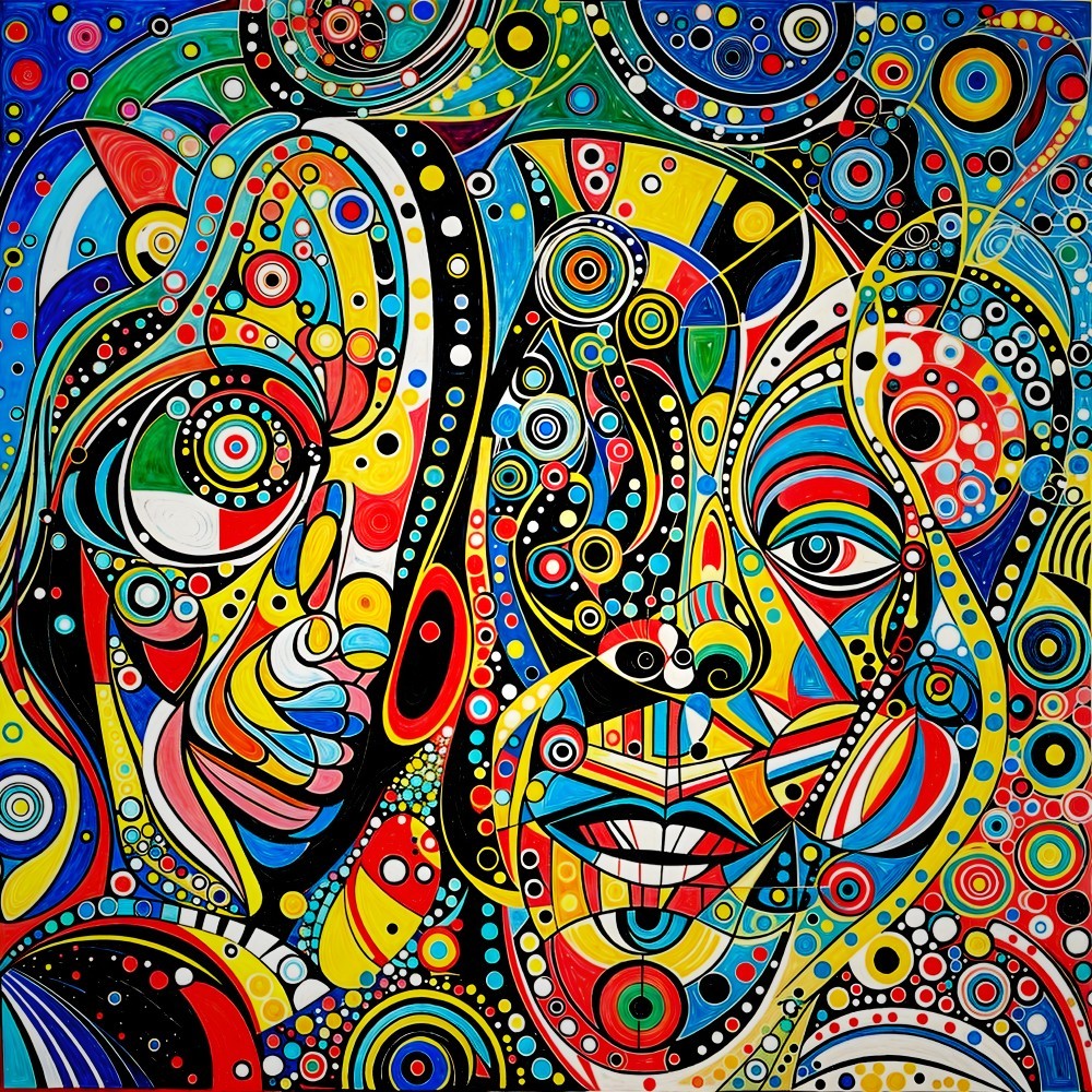 Abstract Composition with Stylized Faces and Colors