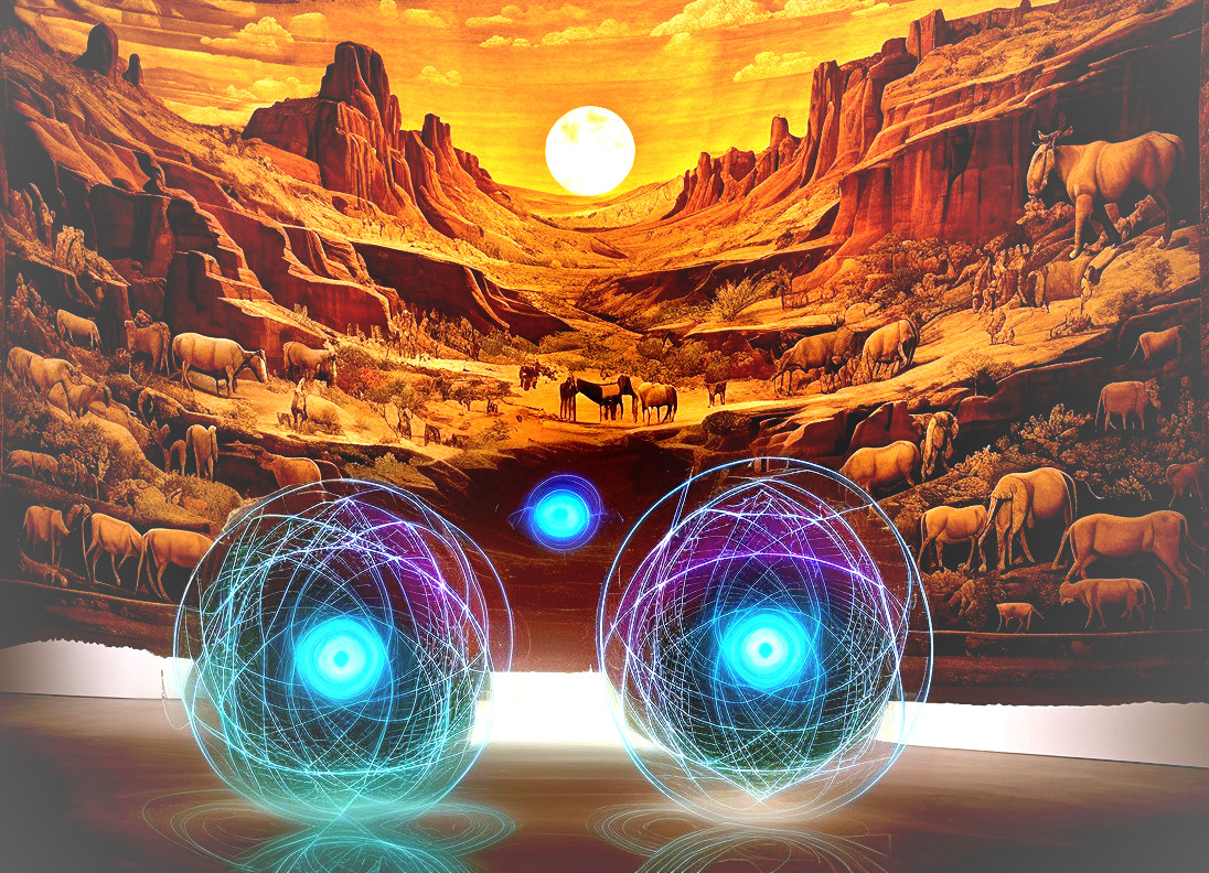 Vibrant Desert Landscape with Abstract Energy Spheres