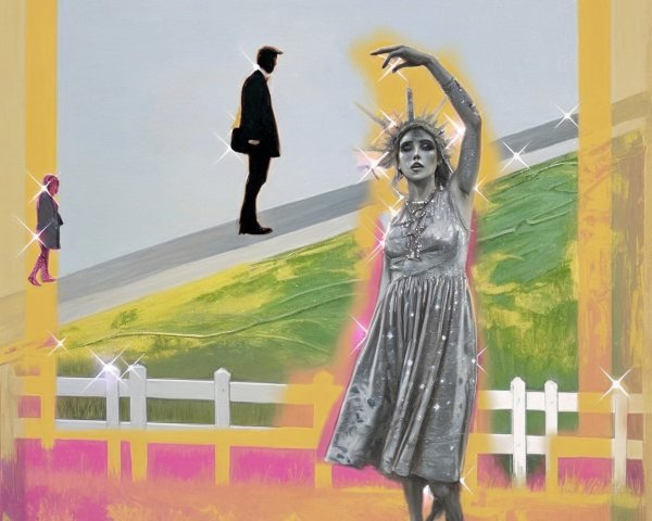 Surreal Landscape with Dancing Woman and Silhouettes