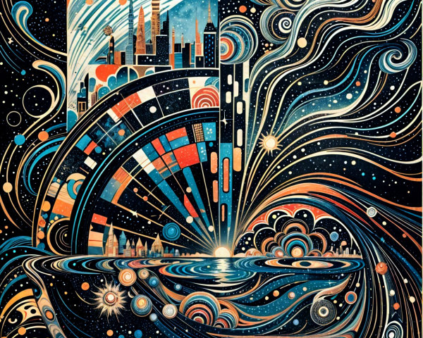 Vibrant Cosmic Scene with City Skyline and Stars