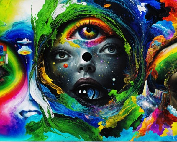 Vibrant Abstract Artwork with Surreal Faces and Cosmos
