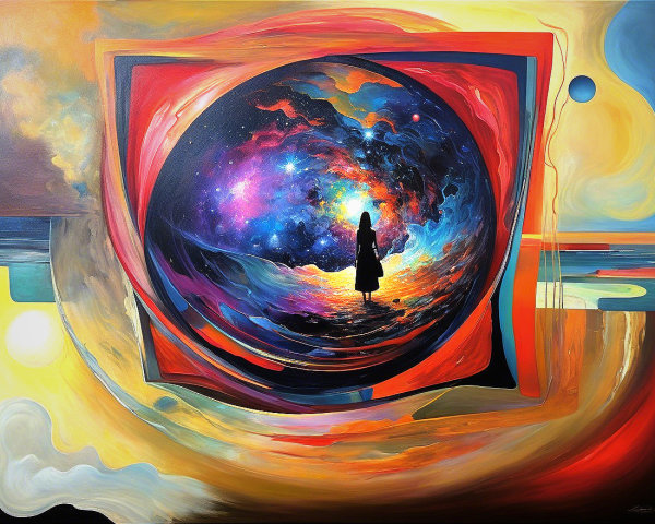 Ethereal Circular Portal with Cosmic Colors and Figure