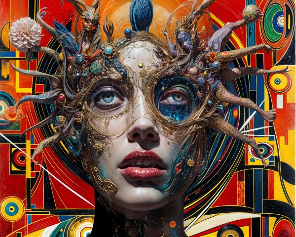 Ornate Artwork of a Female Figure with Surreal Elements