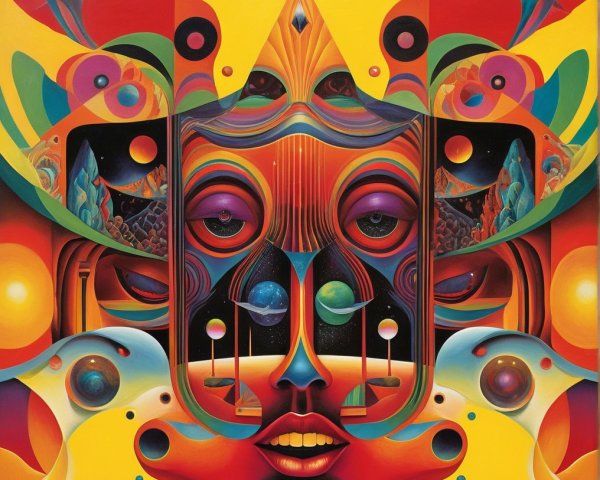 Surreal Artwork with Central Face and Vivid Colors