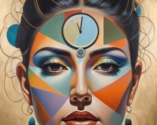 Female Face with Geometric Patterns and Clock Design