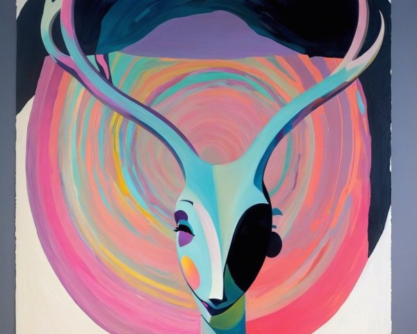 Vibrant Abstract Painting of Stylized Antlered Figure