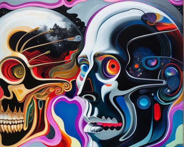 Surreal Artwork of Contrasting Skulls and Cosmic Elements