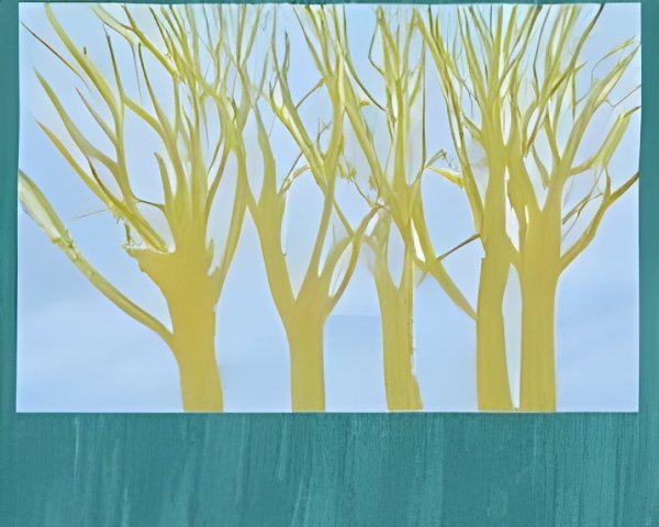 Minimalist Artwork of Yellow Trees on Blue Background
